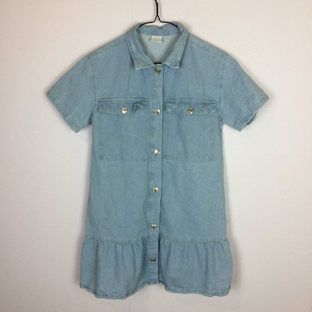 Zara Girls Shirt Jean Dress 13/14 Blue Denim Snap Button Ruffle Hem Short Sleeve